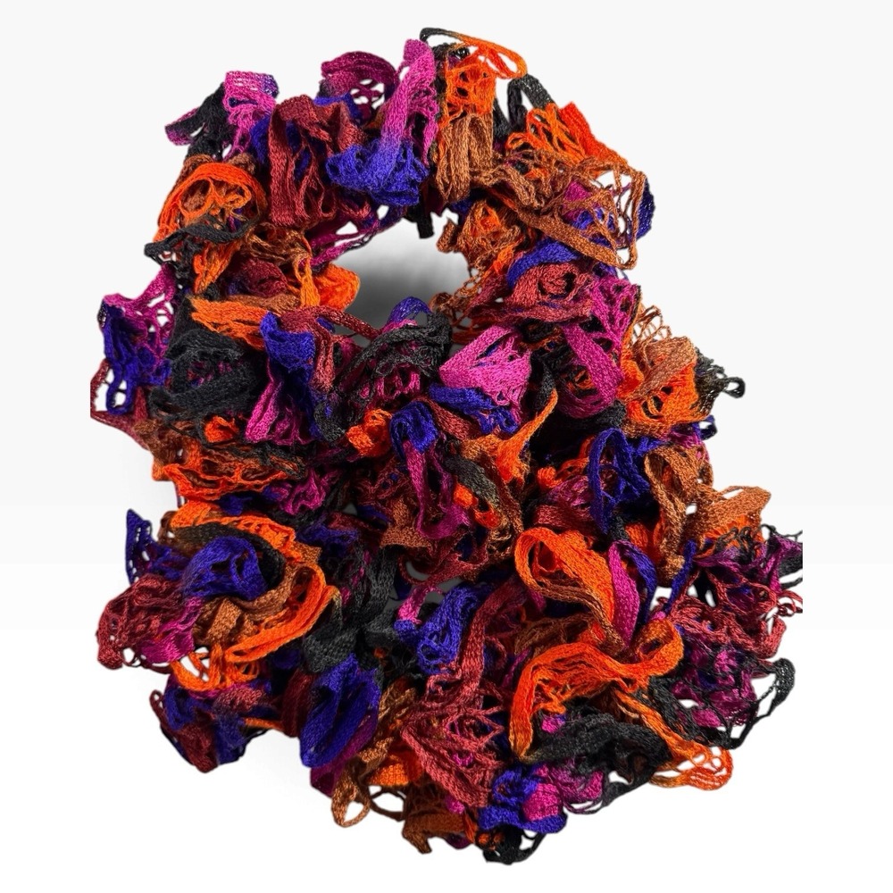 Ruffle Long Scarf Red Hearth Sashay Yarn orange, black, purple, brown, fushia